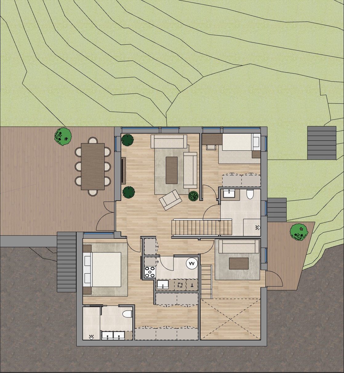 Planløsning enebolig underetasje – stor stue uten bad i hybel